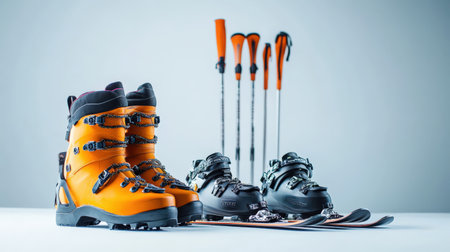 A set of ski poles and boots, isolated on a clean white background, perfect for winter tourismの素材