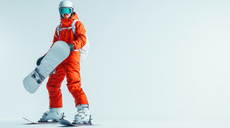A snowboarder in goggles and a helmet, holding their board, isolated on a clean white backgroundの素材