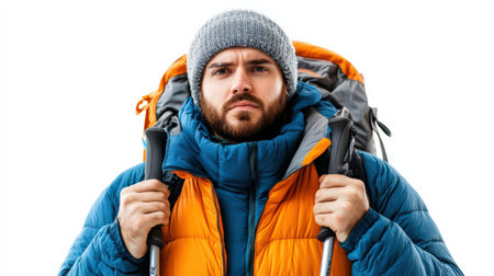 A traveler in a puffy jacket with ski poles, isolated on white, ready for a winter resort vacationの素材