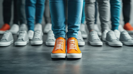 A person wearing colorful shoes in a room filled with people wearing identical grey shoesの素材