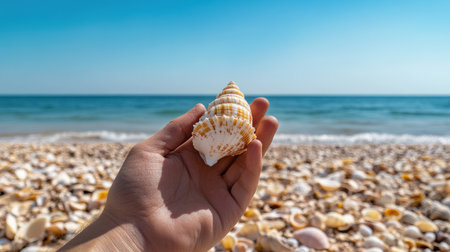 A hand holding a brightly colored seashell, standing out in a beach filled with ordinary shells uniqueness conceptの素材