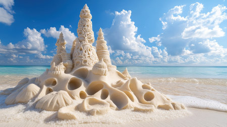 A unique sandcastle with intricate designs standing out on a beach filled with ordinary sandcastlesの素材