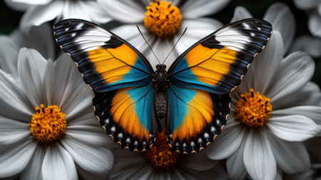 A brightly colored butterfly resting on a flower, surrounded by plain, grey blossomsの素材