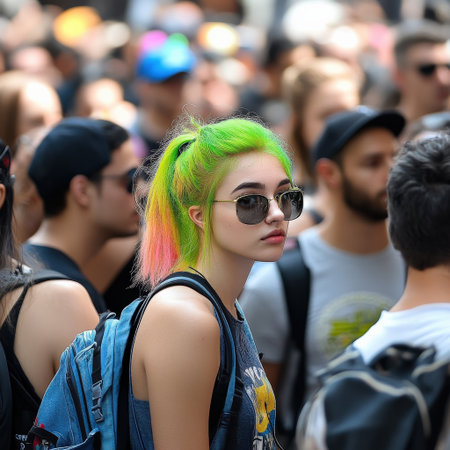 A person with neon green hair in a crowd of people with ordinary hair colorsの素材