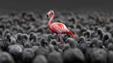 A single vibrant pink flamingo standing out in a crowd of grey birds, symbolizing individual beautyの素材