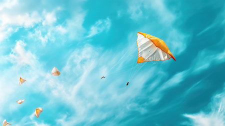A single, brightly colored kite soaring in the sky while surrounded by dull, plain kitesの素材