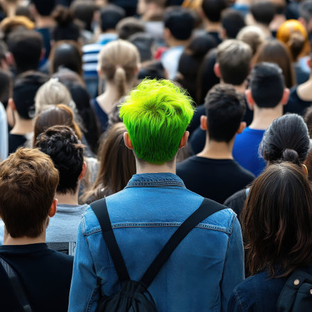 A person with neon green hair in a crowd of people with ordinary hair colorsの素材