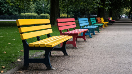 Colorful benches in a park in the city of Berlin, Germanyの素材