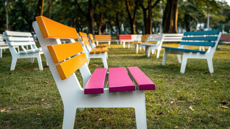 Colorful chairs in the park. Selective focus and shallow depth of field.の素材