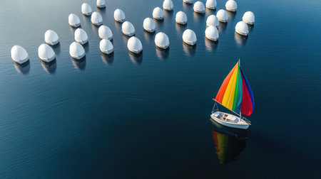 One colorful sailboat on a lake filled with white boats, representing adventurous uniquenessの素材