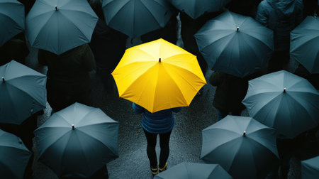 Woman with yellow umbrella walking on street in rainy day, rear viewの素材