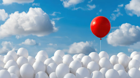 Red balloon in the blue sky with white balloons. 3d renderingの素材