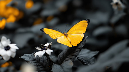 A bright yellow butterfly flying among black and white flowers, showcasing unique beauty uniqueness conceptの素材