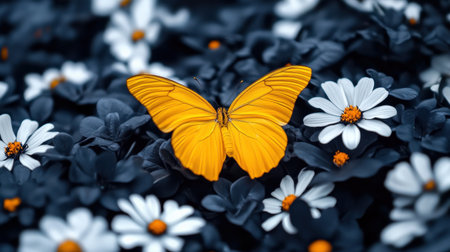A bright yellow butterfly flying among black and white flowers, showcasing unique beauty uniqueness conceptの素材
