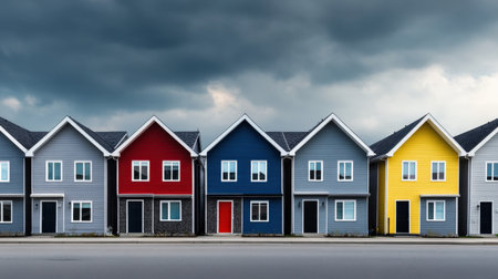 A single colorful house standing out in a row of grey houses, representing bold individualityの素材