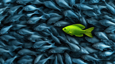 A neon green fish swimming against the current in a sea of grey fish, symbolizing unique perspectiveの素材