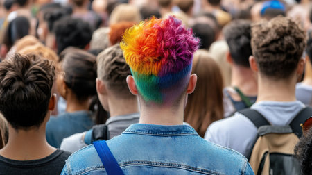 Back view of a young man with colorful hair in the crowd.の素材