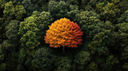 Aerial view of a tree in the middle of a forest in autumnの素材
