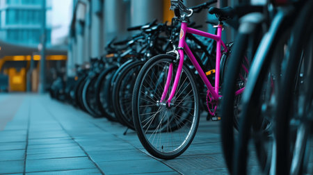 A neon pink bicycle leaning against a row of black bicycles, representing bold uniquenessの素材