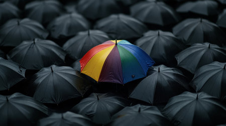 A rainbow-colored umbrella standing out among a sea of black umbrellas on a rainy dayの素材