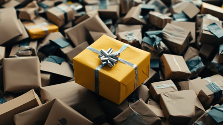 One beautifully wrapped gift among a pile of plain brown packages, symbolizing creativityの素材