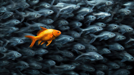 A lone orange fish swimming against a school of grey fish, representing thinking differentlyの素材