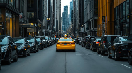 A single bright yellow taxi in a street full of black cars, showcasing uniqueness in a busyの素材