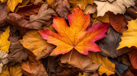 A single brightly colored autumn leaf in a pile of brown and yellow leavesの素材