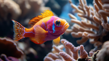 A neon-colored fish swimming in a coral reef, standing out with its vivid uniquenessの素材