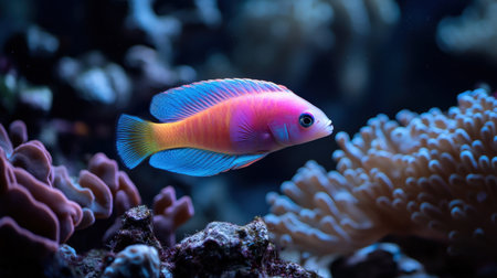 A neon-colored fish swimming in a coral reef, standing out with its vivid uniquenessの素材