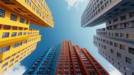 A unique, brightly colored skyscraper in a city full of grey, identical buildingsの素材