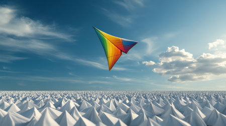 A rainbow-colored kite soaring above a field of plain white kites, symbolizing boldness and individualityの素材