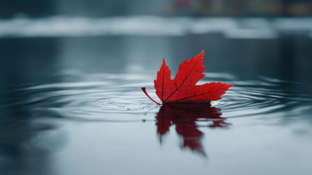 A vivid red maple leaf floating on a grey river, standing out as a symbol of uniquenessの素材