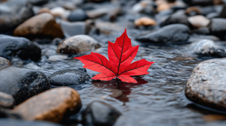 A vivid red maple leaf floating on a grey river, standing out as a symbol of uniquenessの素材