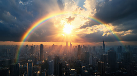 A vivid rainbow forming in the sky above a grey cityscape, showcasing natural beauty in a dull worldの素材