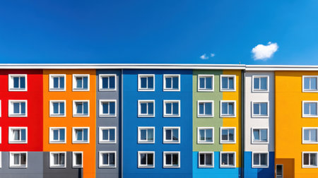 A brightly colored house standing out in a row of monochromatic buildings, representing uniquenessの素材