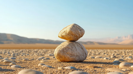 A uniquely shaped rock standing out in a desert filled with smooth, identical stonesの素材