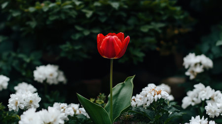 A single red tulip blooming in a garden of white flowers, showcasing its bold, unique beautyの素材