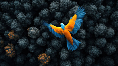 A brightly colored bird soaring above a forest of monochromatic trees, symbolizing freedom in individualityの素材