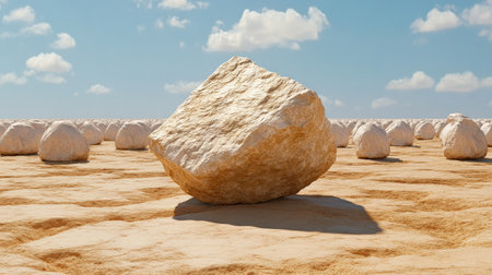 A uniquely shaped rock standing out in a desert filled with smooth, identical stonesの素材