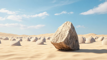 A uniquely shaped rock standing out in a desert filled with smooth, identical stonesの素材