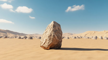 A uniquely shaped rock standing out in a desert filled with smooth, identical stonesの素材