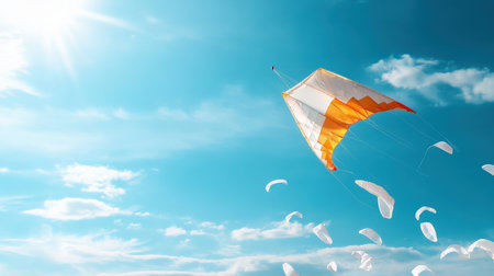 A vividly colored kite flying high in a sky filled with plain white kites, representing boldness in the airの素材
