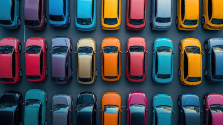 A uniquely colored car driving through a street filled with plain, identical vehiclesの素材