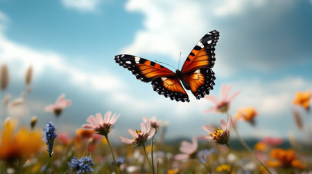A lone, vividly colored butterfly flying above a meadow of neutral-toned wildflowersの素材