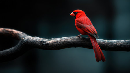 A single bright red bird perched on a grey tree branch, showcasing its individuality in natureの素材