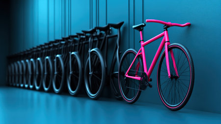"A neon pink bicycle leaning against a row of identical black bicycles, representing bold individuality --ar 16:9 --personalize jaydbm9 --v 6.1 Job ID: 83804b18-77c4-44a2-89d0-b8e0781eed19の素材