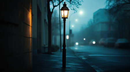A lone, glowing streetlamp illuminating a dark street, symbolizing shining in the darknessの素材
