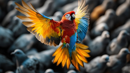 A brightly colored parrot flying among a group of grey pigeons, showcasing unique beauty Uniqueness conceptの素材
