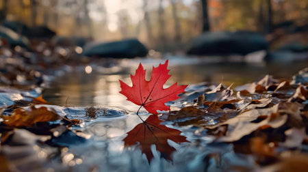 A single vibrant red maple leaf floating in a river filled with dull brown leaves Uniqueness conceptの素材